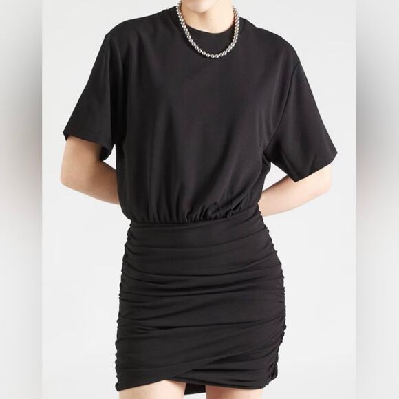 ABERCROMBIE & FITCH | Ruched Knit Mini Dress Black Short Sleeve | Large Tall - Picture 1 of 11